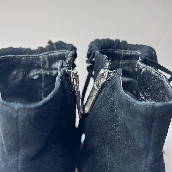 Brian Atwood Sz 9 Perri Black Suede Fringe Firing Booties Metal Detail 2.5” Heel - Picture 5 of 10